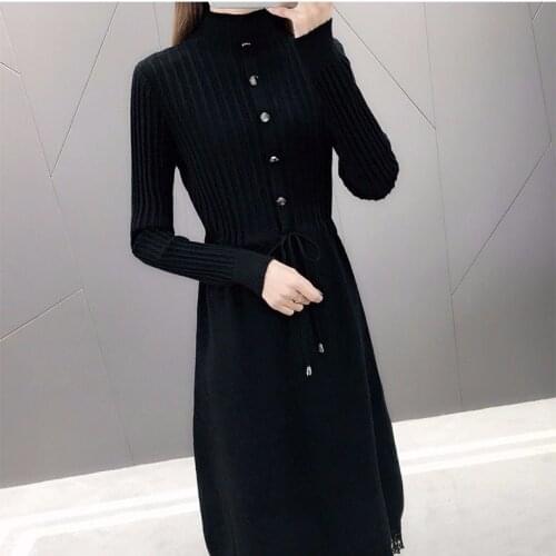 Knitted Dress Womens Mid Length Over Knee Long Skirt Autumn And Winter New Style Thickened Waist Lace Base Woolen Dress