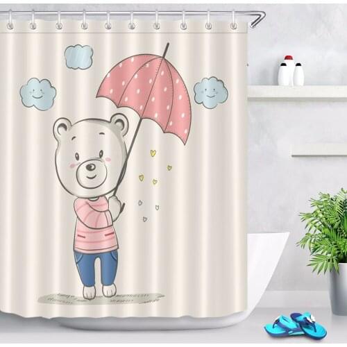 Cartoon Bear & Umbrella & Cloud Shower Curtain Bathroom Waterproof Mildew Resistant Polyester Fabric for Girl Kids Bathtub Decor