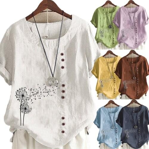 Womens New Fashion Summer Dandelion Printed Round Neck Short Sleeve T-shirt Casual Loose Solid Color Blouse Tops Plus Size