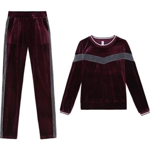 Gold Velvet Two Piece Set Women Suit Casual Round Neck Pullover + Pants Clothing Set Tracksuit