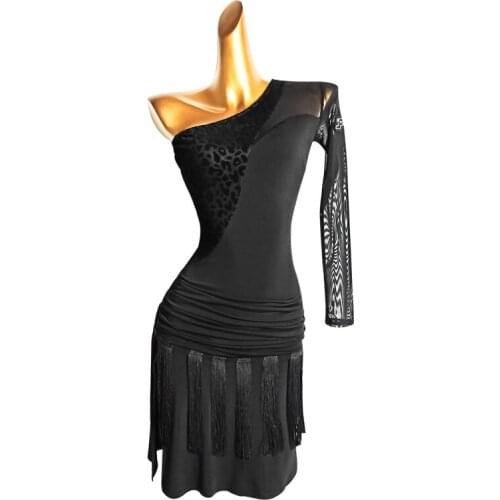 Spring Fall Latin Dance Dress Women One-shoulder Long Sleeve Sexy Leopard Pattern Mesh Latin Competition Show Practice Dress
