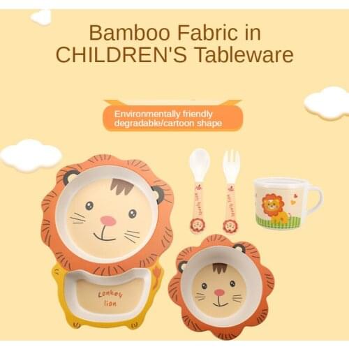 Bamboo Fiber Childrens Tableware Eating Dinner Plate Divider Grid Baby Breakfast Baby Food Supplement Bowl Fork Spoon Set