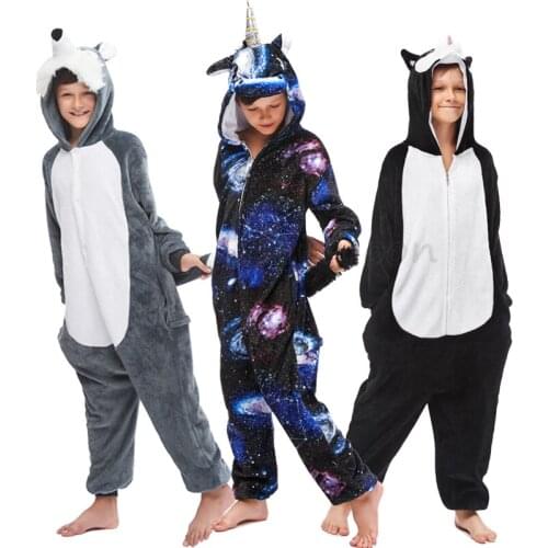 Kids Pajamas Girls Boys Sleepwear Baby Jumpsuit Night Clothes Animal Cartoon Wolf Flannel Unicorn Childrens Pyjamas For 6 8 10T