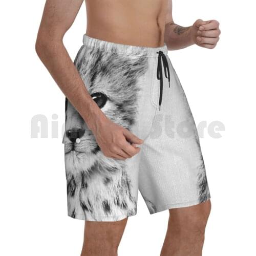 Baby Cheetah-Black & White Beach Shorts Men Beach Pants Swim Trunks Cheetah Cub Tiger Lion Cat Animal Animals