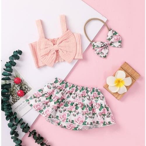 Toddler Sleevless Lovely Outfits For Baby Girl Short Tank Tops With Bow + Floral Bloomers + Headband 3Pcs Clothes Summer Set