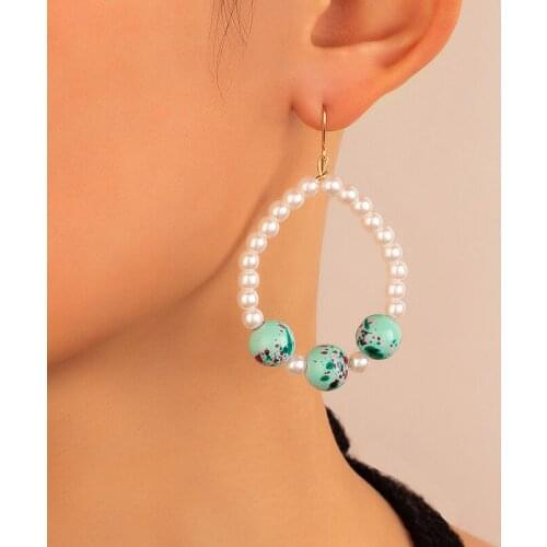 HuangTang Bohemia Pearl Circle Drop Earrings for Women Girls Western Colorful Bead Dangle Earrings Beach Jewelry Party 18511