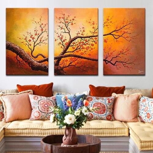 Exquisite Canvas Paintings Red Plum Flower 3 Picture Combination Hand Painted Flower Oil Painting Home Decorative Wall Artwork
