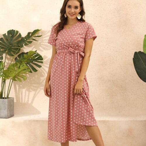 Boho Style Summer Dresses Women Casual V-Neck Short Sleeve Elastic Waist Dress Female Wave Point Mid-length Beach Dress Vestidos