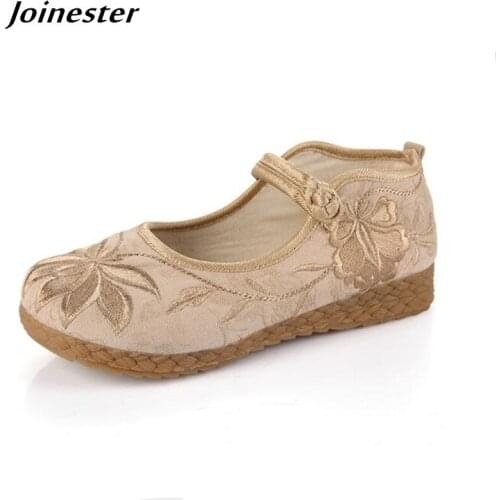 Ladies Round Toe Floral Embroidered Cotton Fabric Ethnic Mary Jane Spring Women Vintage Loafers Comfort Casual Walking Shoes