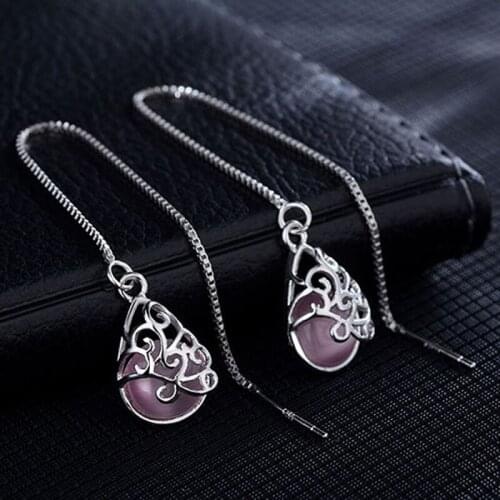 Trendy 925 sterling silver Dangle Water Drop Earrings for Women Jewelry Pink White Opal Long Tassel Drop Earring Female