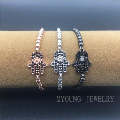 MY1204 Hamsa Fatima Hand charm Connector Micro Paved CZ Zircon With 4mm Advanced Plated Round Beads Bracelet