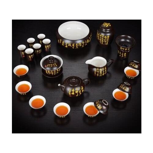 Whole set of tea cups tea pots Ceramics red yellow black glaze Jinlong Tang poetry Kung Fu tea set