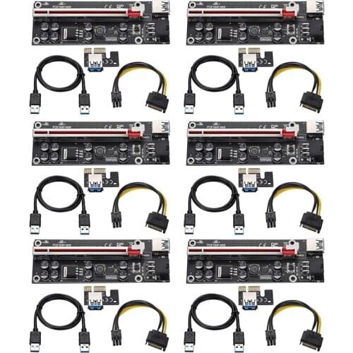 AU42 -6PCS VER009S Plus PCI-E Riser Card PCI Express 1X to 16X Adapter with USB 3.0 Cable SATA to 6Pin Power Cable for Mining