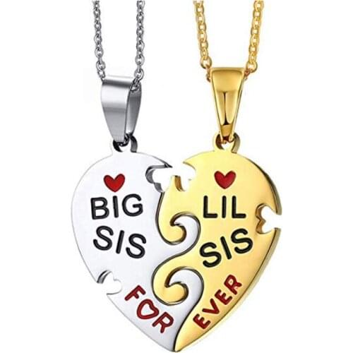 Heart Puzzle Necklace Pendant for Sister Mother Anniversary Birthday Jewelry Gift Stainless Steel Big Lil Sis Forever