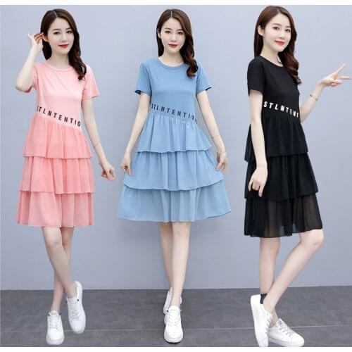 Chiffon Patchwork Knee Length Cake Dress Short Sleeve Plus Size 4XL 5XL Casual Women T-shirt Sundress Female Korean Vestidos