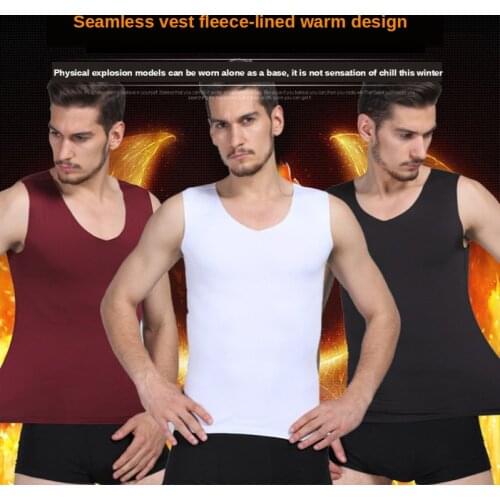 2pcs Set Mens V-neck Thermal Undershirts Solid Base Mens Warm Seamless Slimming Sleeveless Add Velvet Thickening Inner Shirt