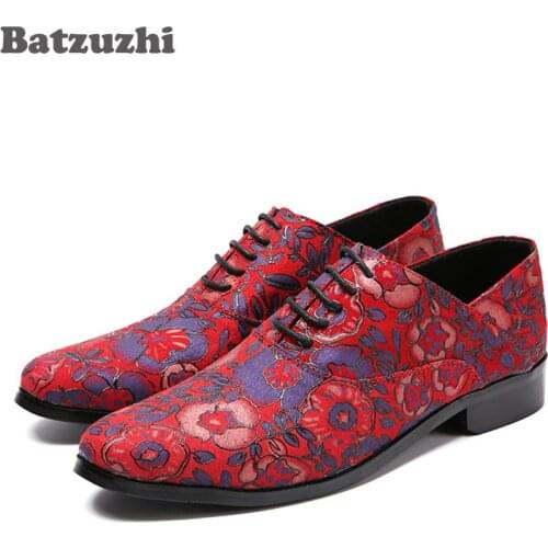 Batzuzhi Italian Style Red Mens Shoes Red Print Flowers LEATHER Casual Shoes Men High-end Men Shoes Luxury Fashion Men Loafers