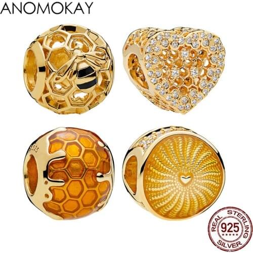 Anomokay European & American Trendy Gold Color Honey Bee Sun Round Charm for Women DIY Bracelet Jewelry 100% S925 Silver Beads