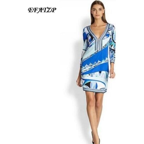 [EFATZP] Runway High Street Fashion Womens Long Sleeve Blue Print Signature Knee Length Day dress Jersey Silk Tunic Dress