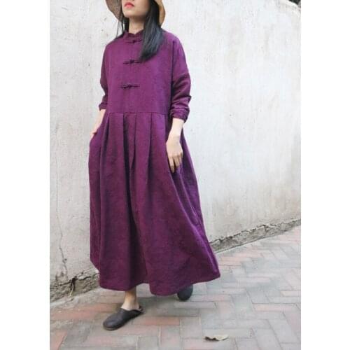 Retro Frog Buttons Stand Collar Floral Jacquard Women Cotton Linen Dress, Ruched Waist Large Hem High Quality Loose Robe Dresses