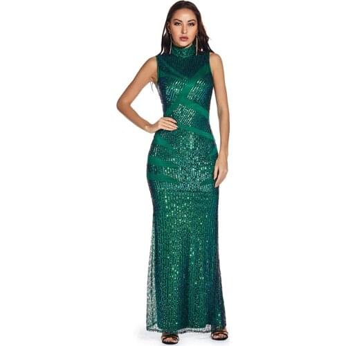 Ziamonga 2021 Sexy Women Turtleneck Sleeveless Long Sequin Dress Retro Geometry Mermaid Maxi Elegant Evening Party Dresses