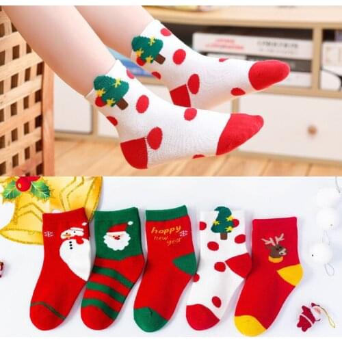 5 Pairs 2021 New Childrens Christmas Socks Autumn and Winter Cotton Cotton Cartoon Boys Girls Baby Kids Socks 1-12Y