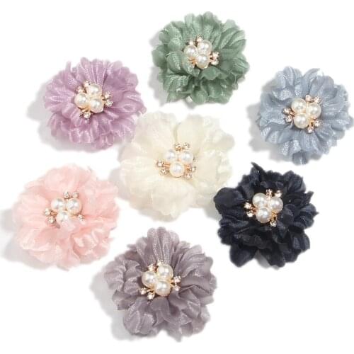 5Pcs 5cm 2" Fabric Flowers for Baby Girls Hair Accessories Head Silk Hair Flower Bouquet With Pearl For Headbands