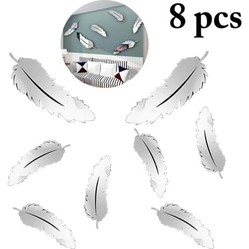 8 Pcs/Set Mirror Wall Sticker Decal Decorative 3D Waterproof Feather Shape Mirror Sticker Bedroom Wall Decal Decoration Kits