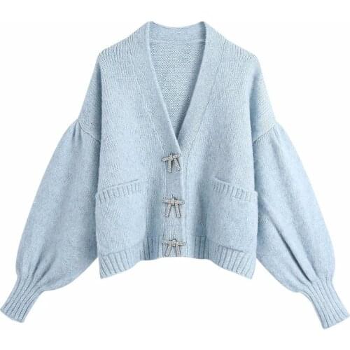 BoozRey Women Fashion Rhinestone Buttons Loose Knitted Cardigan Sweater Vintage Long Sleeve Pockets Female Outerwear Chic Tops