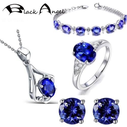 BLACK ANGEL New Flower Bracelet Necklace Stud Earrings Adjustable Rings Oval Sapphire 925 Silver Wedding Jewelry Set For Women