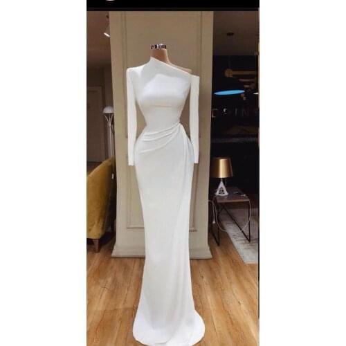 Verngo Simple Stretch Satin Mermaid Wedding Dress Long Sleeves One Shoulder Floor Length Elegant Bridal Party Gowns Custom Made