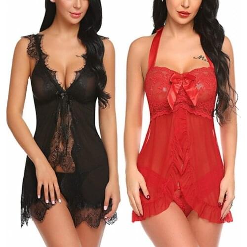 Erotic Lingerie Lace Bathrobe Mini Dress Thongs Set Womens Transparent Babydoll Erotic Underwear Costumes Temptation Sleepwear