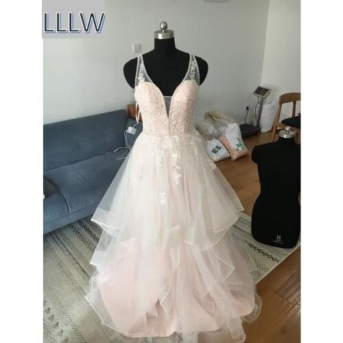 Pink Lining Tulle Lace Beading Floor-Length A-Line Wedding Dress Custom Made Sleeveless V-Neck Layered Skirt