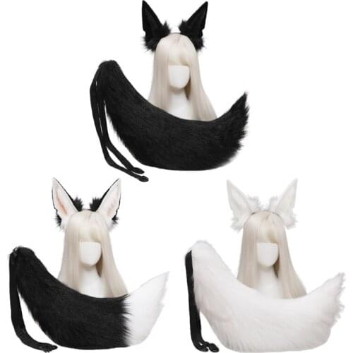Plush Hair Hoop Wolf Ears Headwear Tail Set Furry Costume Set Fancy Dress Up Halloween Cosplay Party Accessories