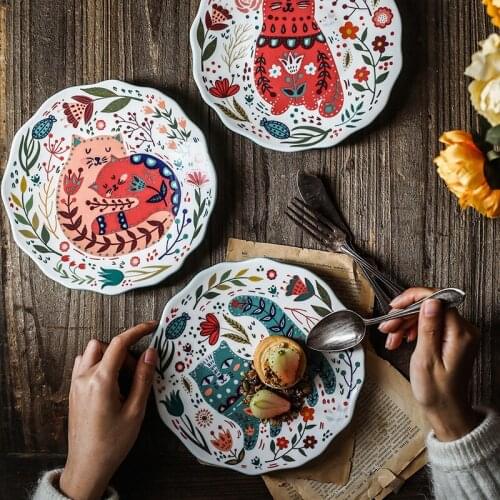 Creative Cartoon Ceramic Steak Plate Cake Plate Dessert Plate Western Food Plate Pasta Plate Fruit Plate Hand-painted Cat Dinner
