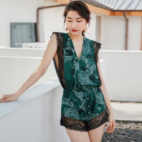Summer New Ice Silk Pajamas Women Long One-Piece Printed Jumpsuits Women Onesies V-Neck Sleeveless Lace Loose Thin Sexy Onesie