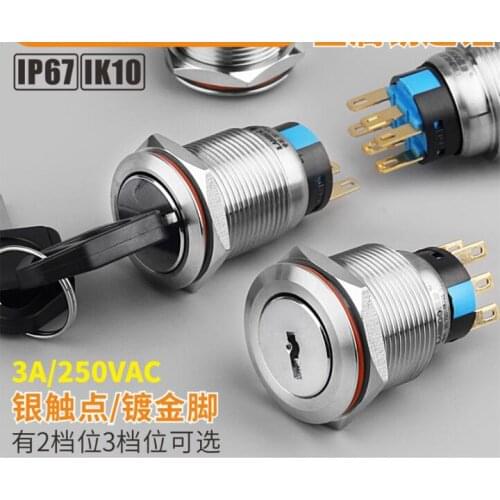 19mm Metal key button switch flat head 250V 3A 2/3 gear Self locking button for Battery car Modified robot