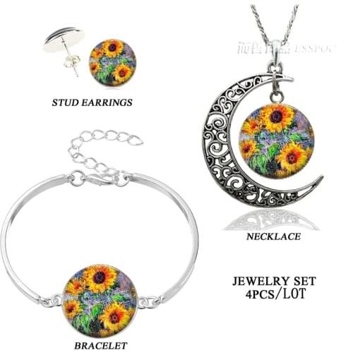 2017 New Arrival Monet Sunflowers Art Picture Necklace + Earring+Bracelet Crystal Set Fashion Jewelry Birthday Gift