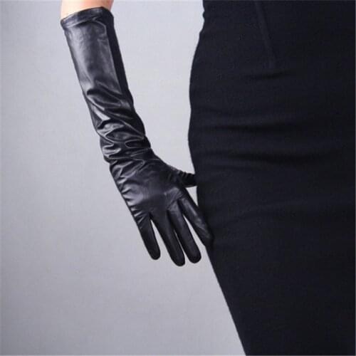 Genuine Leather Sheepskin Wool Splice Woman Gloves Fashion Black 45cm Long Finger Touchscreen Female Mittens TB81