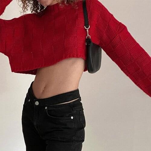 Plaid Texture Sweater Casual Loose Short Red Long Sleeve Sweaters Autumn Winter 2021 Streetwear Vintage Knit Open Navel Sweater