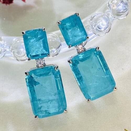 Luxury 100% Real 925 Sterling Silver Created paraiba tourmaline Gemstone Long Drop Earrings Blue Stone Fine Jewelry Wholesale