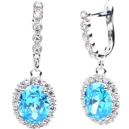 Women Sterling 925 Silver Earrings Huggie Part Oval Dangle 7x9mm Cubic Zirconia CZ Jewelry Support Drop Shipping E043