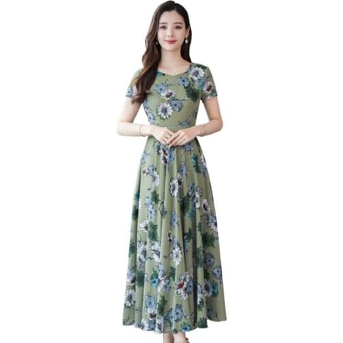 Plus Size Female Printed Dresses 2021 New Summer Womens Beach Seaside Holiday Chiffon Floral Dress Short Sleeve Lady Long Dress