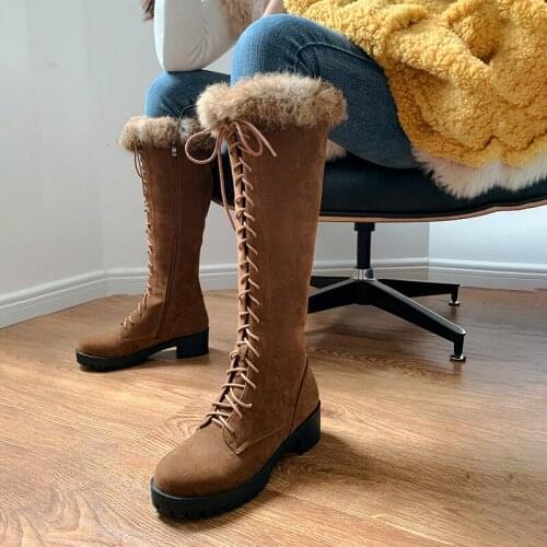 2021 Winter Fur Warm Knee High Boots Womens Snow Boots High Heels Lace-up Female Shoes Thigh High Boots zapatos de mujer34 40 43