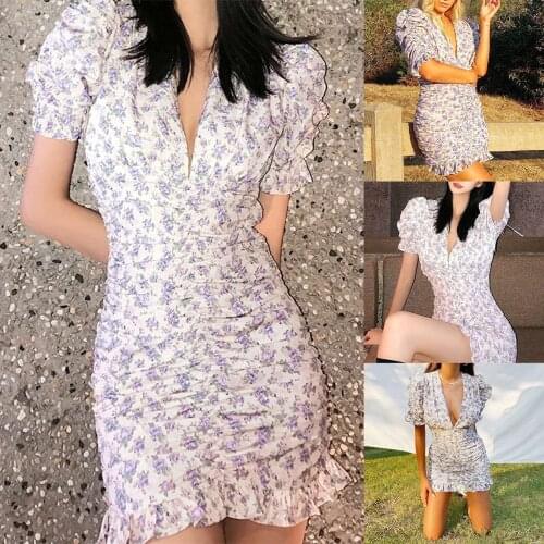 Womens V-Neck Puff Sleeve Slim-Fit Pack Butt Dress Purple