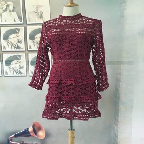 Women Dress Real Full Autumn Top Fashion Knee-Length Free Shipping Sweet 2020 Fine Actress Starry Hollow Long Sleeve Cake