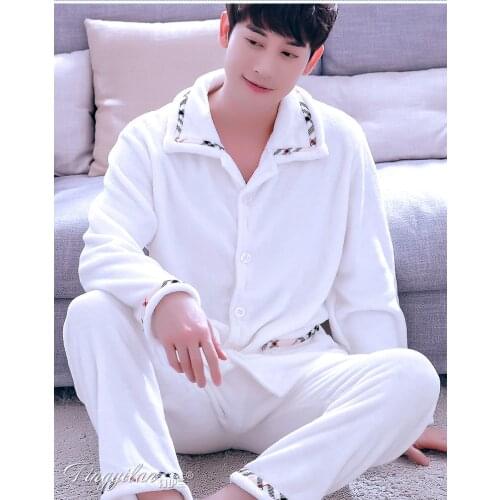 Winter Warm Pajamas Mens Flannel Comfortable Sleepwear Male Coral Fleece Homewear Long Sleeve 2pcs Top Bottoms Plus Size D-2068