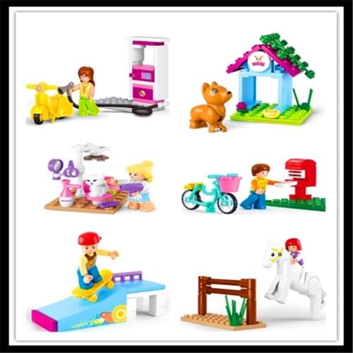 6Pcs/Set Skateboard Boy Dog House Letter Box Pet Beauty Horse Gas Station Building Block Toys For Children Constuction