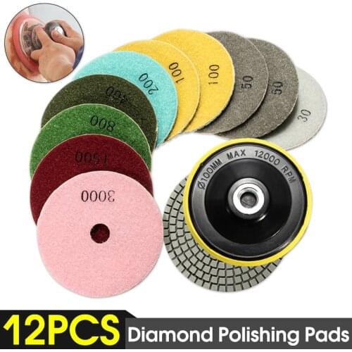 12pcs/Set 4'/100mm Abrasive Tools Wet Dry Diamond Polishing Pads Sanding Disc Grinder For Granite Stone Concrete Marble Polisher