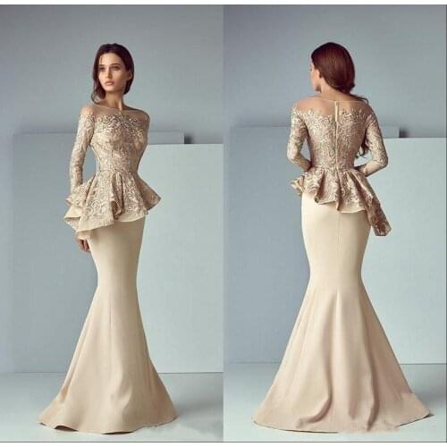 Dubai Arabic Champagne Lace Stain Peplum Mermaid Mother of the Bride Dresses Long Sheer Neck Long Sleeve Elegant Evening Formal